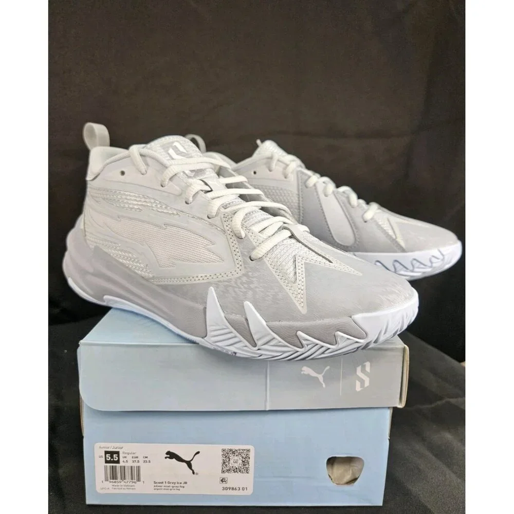 NEW Puma Scoot 1 Grey Ice Junior Basketball Shoes Size 5.5‎ Silver Mist/Gray Fog